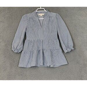 Monteau Women's Blue Striped Blouse S Long Sleeve Slot Collar Tiered Hem